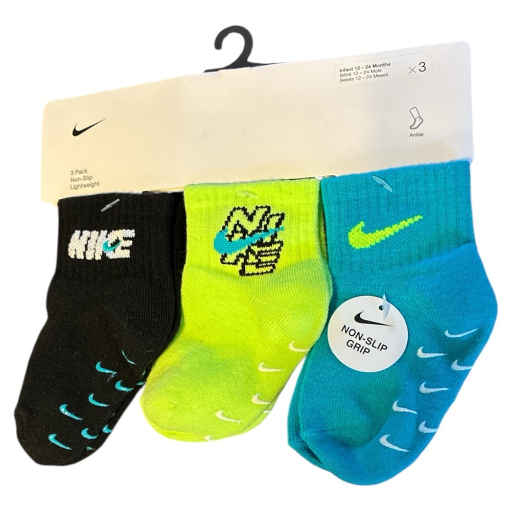 Nike Baby Socks 3-Pack - Black, Neon Green, Blue size 12-24 Months new